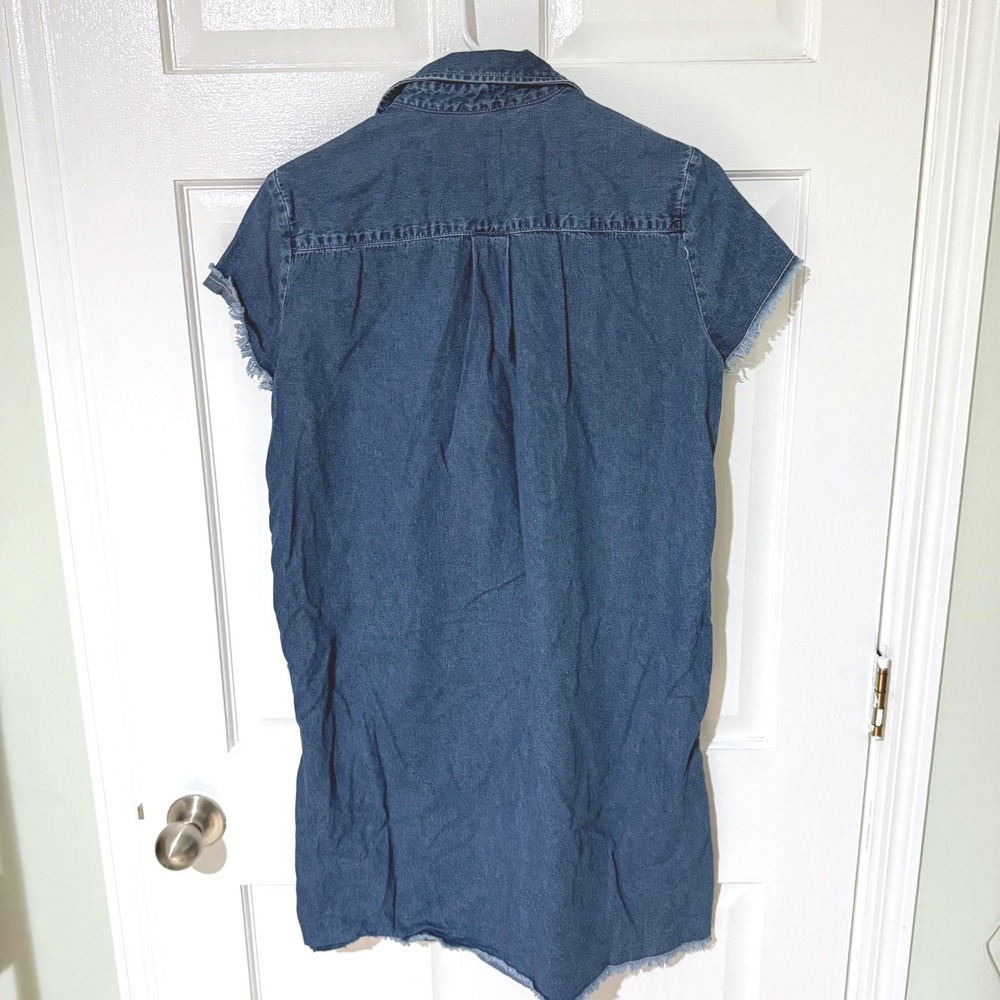 J.McLaughlin Womens Denim Shift Dress Blue Short Sleeve Raw Hem Pockets S - Picture 2 of 4